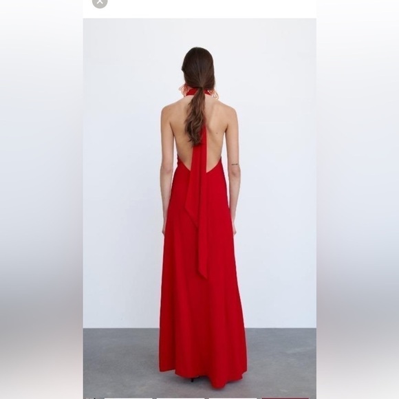 Zara Womens LG Red Satin Maxi Dress Low Back Tie Neck Formal Holiday - Picture 3 of 5